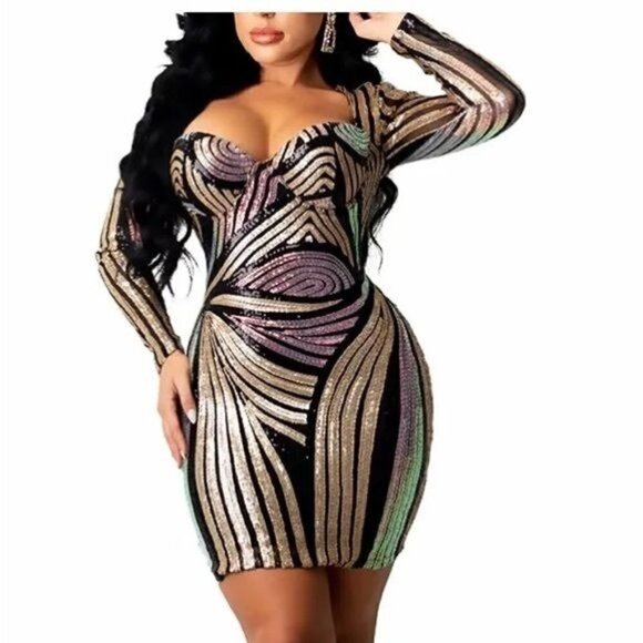 Sequin Fully Lined Sleeve Corset Dress - Picture 1 of 15